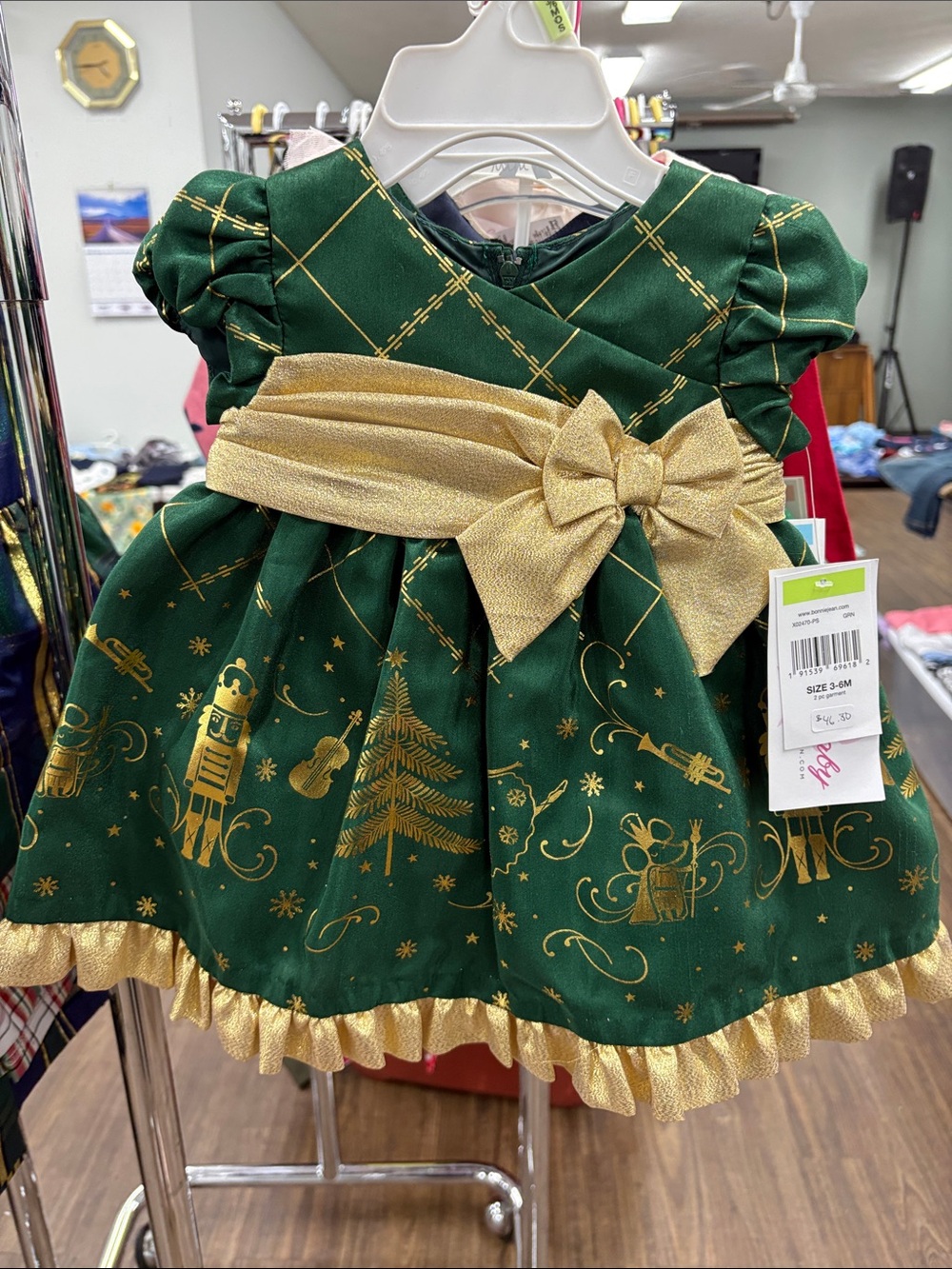 Bonnie Baby Green and Gold Nutcracker Holiday Dress